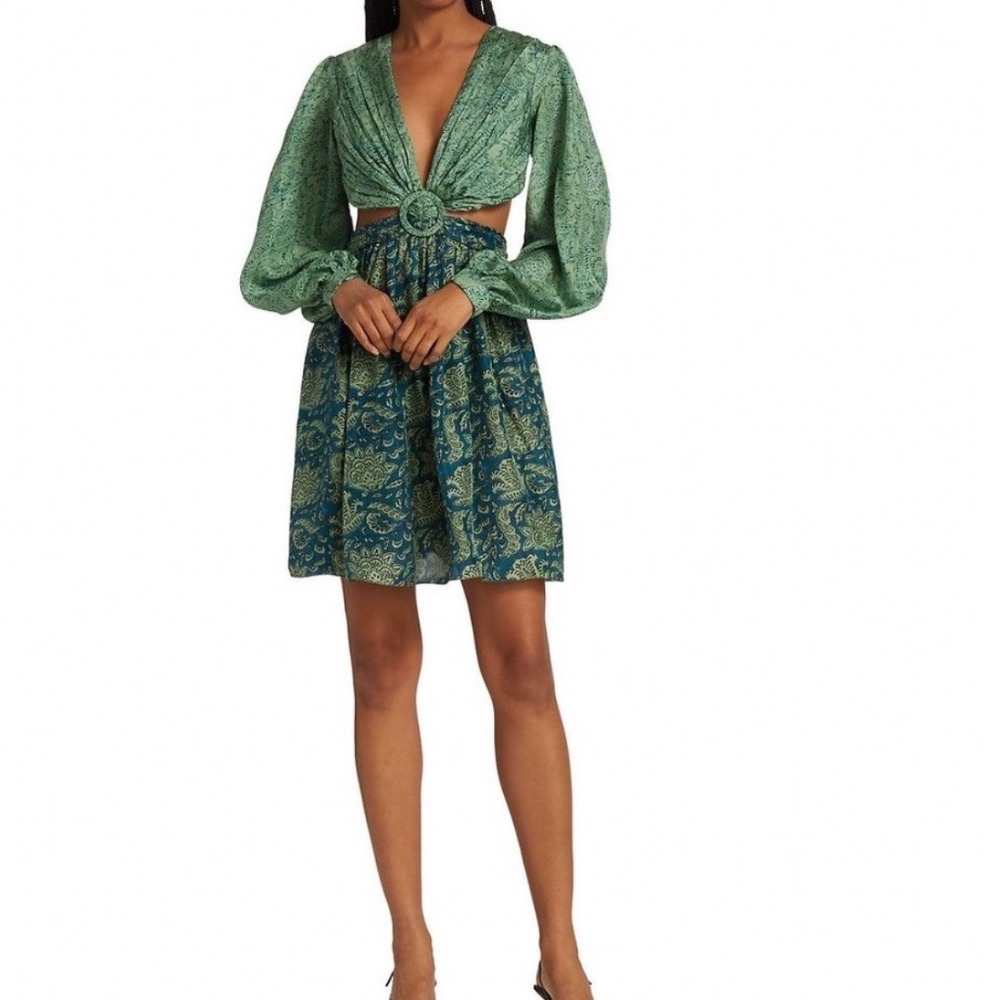Hannah Artwear Silk Cut Out Mini Dress Green Teal Paisley Woodblock Size 1